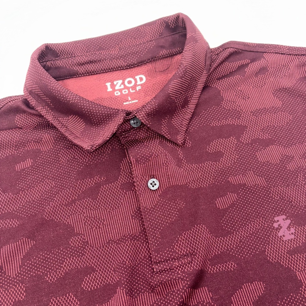 IZOD Golf Mens Large Maroon Burgundy Camo Performance Short Sleeve Polo Shirt